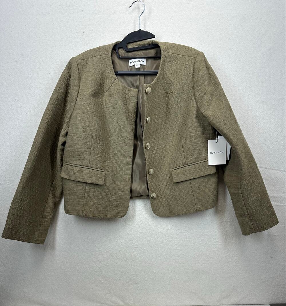 Nordstrom NWT Women's Loden Green Cropped Cotton Blazer Round Collar SZ L Preppy